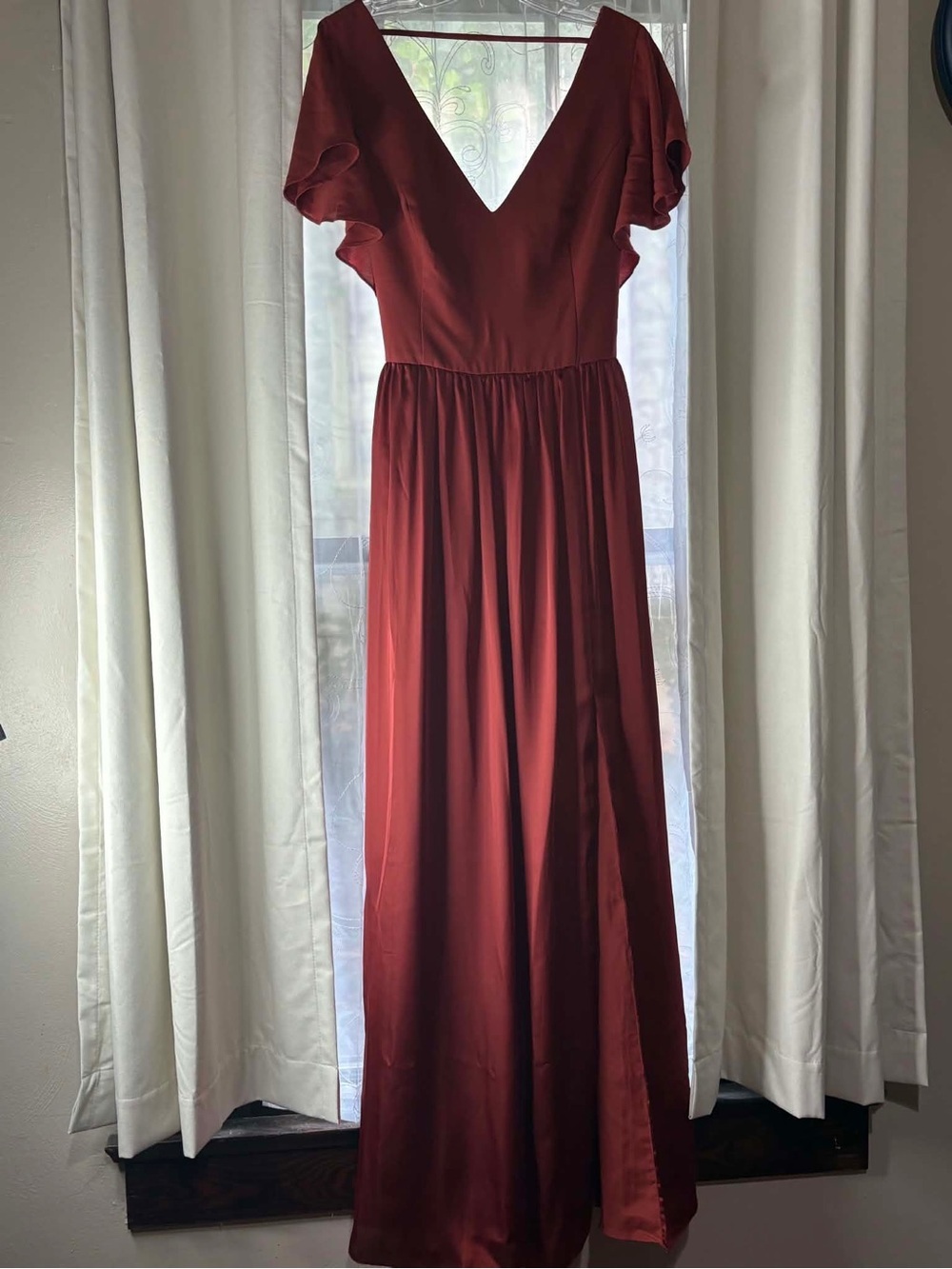 Women's Deep Rust V-Neck Formal Maxi Dress with Flutter Short Sleeves size 12